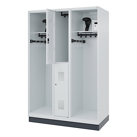 White, three-part locker with open door. Hooks, shelves, and a safe are visible.