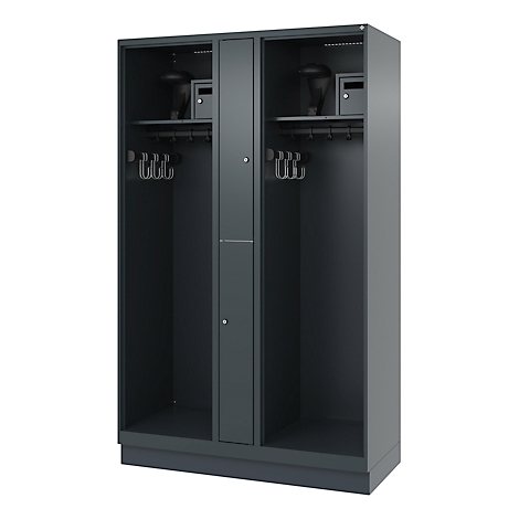 Dark gray locker with two compartments, each with hooks, shelf, safe, and ventilation.