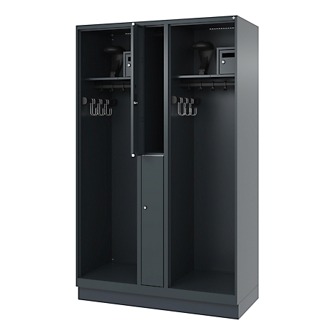 Dark grey locker with three compartments. Two compartments have coat hooks and shelves with small safes. The middle compartment is narrow and has a lockable door.