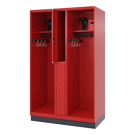 Red locker with open doors. Inside, shelves, coat hooks and a small locker. On the shelf are black objects.