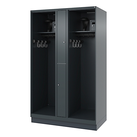 Dark gray locker with 2 compartments, clothes hooks, shelves, 2 helmets and a safe.