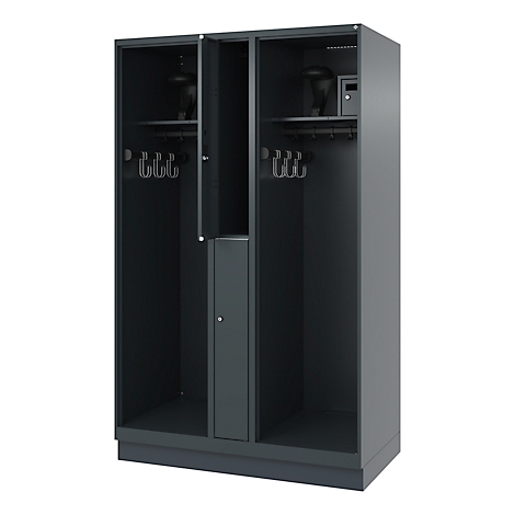 Dark grey cabinet with three compartments, coat hooks and a safe. One cabinet compartment is open.