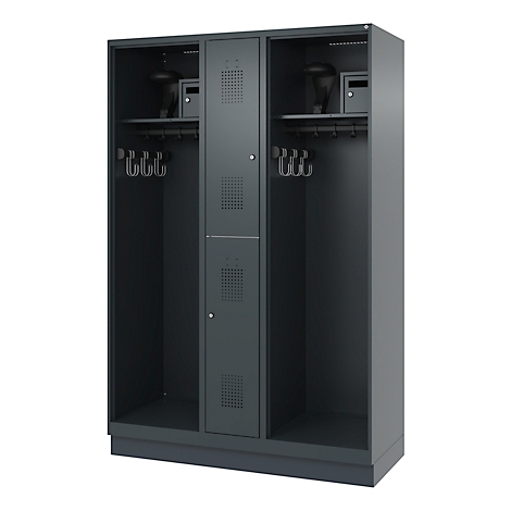 Gray locker with three compartments. Each compartment has hooks, a shelf, and a smaller cabinet.