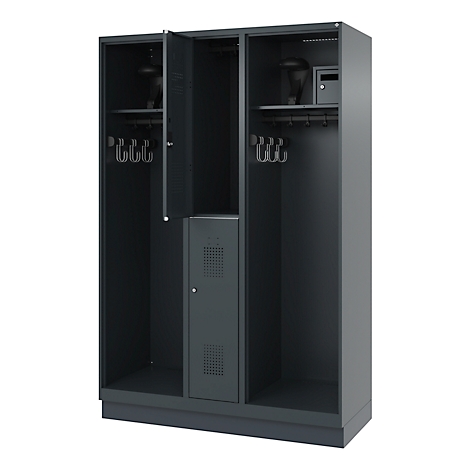 Gray locker, one door open. The compartments have shelves, hooks, and a safe.