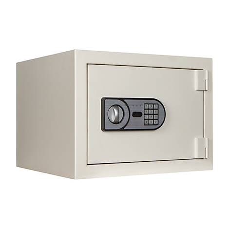 A cream-colored safe with a combination lock and knob on a white background.