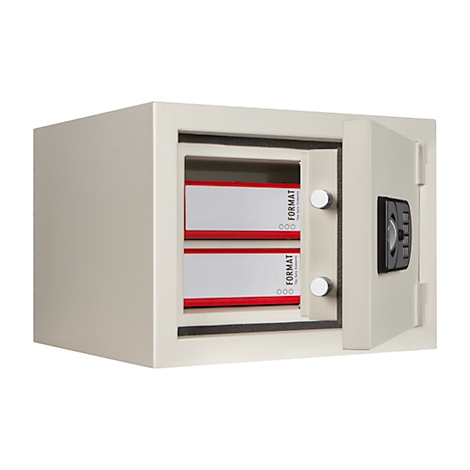 An open beige safe with two compartments filled with paper documents. The safe says "FORMAT".