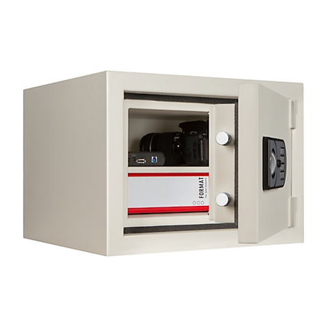 Open safe with camera, data carrier and card. The safe is beige and equipped with an electronic lock.