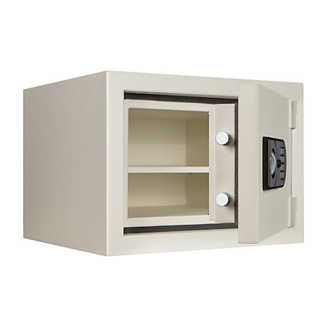 An open, beige safe with a digital lock. Two shelves inside.