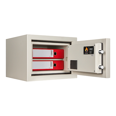 An open beige safe with two red files. The door has a logo and two knobs.