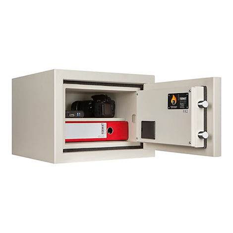 Opened beige safe door. Inside, a camera, a file folder, and an external drive are visible.
