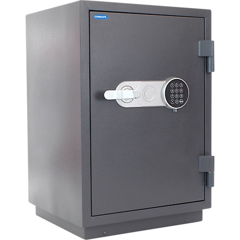 Gray safe with combination lock and key. There is a blue logo on the door. The handle is silver.