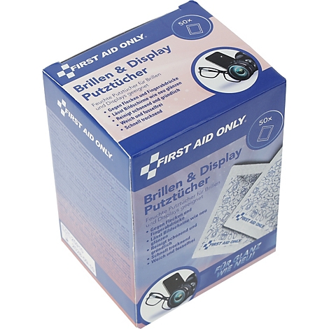 Blauwe doos met 50 First Aid Only brillen- en schermreinigingsdoekjes.