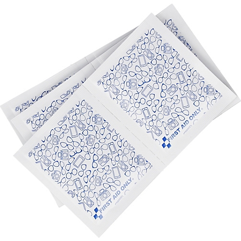 Meerdere witte brillendoekjes in vierkante verpakking met blauw patroon en de tekst First Aid Only.