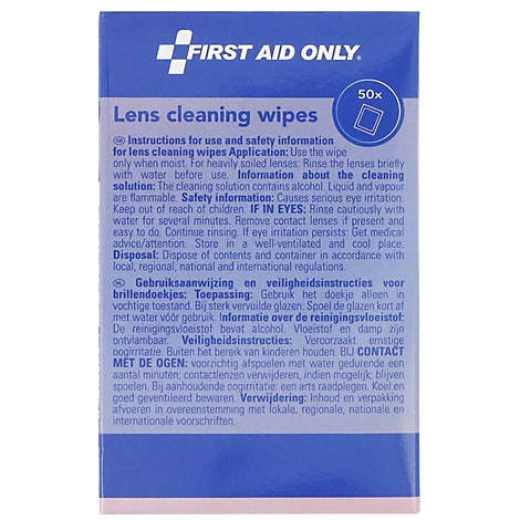 Blaue Verpackung von First Aid Only Linsenreinigungstüchern mit Gebrauchsanweisung auf Englisch und Niederländisch.