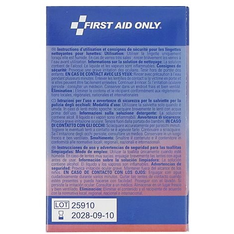 Blaue Verpackungsrückseite von First Aid Only mit Sicherheitshinweisen zu Brillenputztüchern und Ablaufdatum 2028.