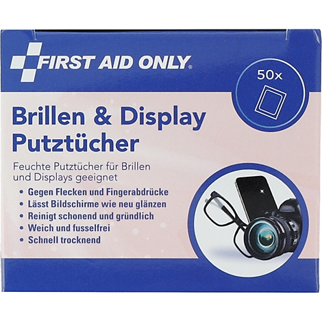 Verpackung von First Aid Only Brillen- und Display-Putztüchern für 50 Anwendungen mit Abbildung von Brille, Smartphone und Kamera.