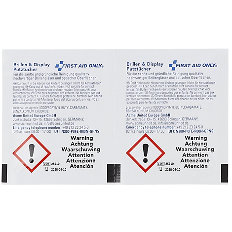 Zwei identische Packungen Brillen- und Display-Putztücher mit Warnsymbolen und Produktinformationen.