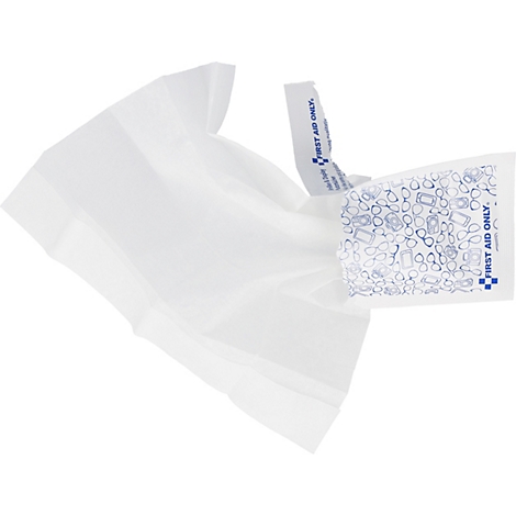 Ein zerknittertes weißes Reinigungstuch mit einem blauen Aufdruck von Brillen und dem Text First Aid Only.