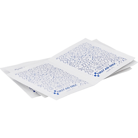 Weiße Erste-Hilfe-Verpackungen mit blauem Muster und dem Schriftzug First Aid Only.