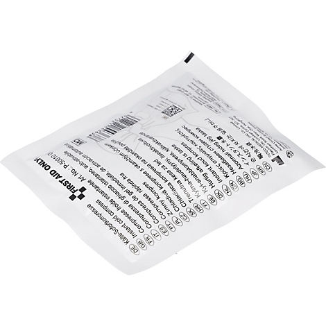 Weiße Sofort-Kältekompresse in Folienverpackung mit mehrsprachiger Produktbezeichnung und Erst-Hilfe-Logo.