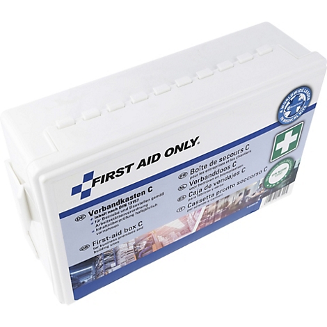 Weißer Verbandkasten C von First Aid Only mit mehrsprachiger Beschriftung auf weißem Hintergrund.