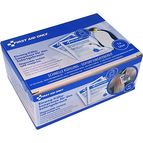 Blauw-witte verpakking van een wegwerp koud compres van First Aid Only met een pinguïnillustratie.