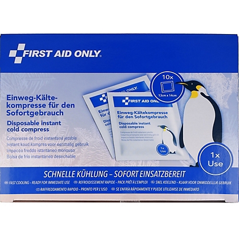 Kartonverpackung mit 10 Einweg-Kältekompressen, blaues Design mit Pinguin-Illustration und weißer Beschriftung.