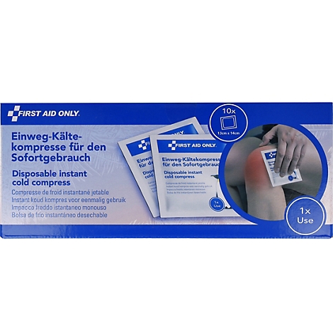 Blaue Verpackung von First Aid Only Einweg-Kältekompressen, 10er Pack, mit Anwendungsbeispiel am Knie.