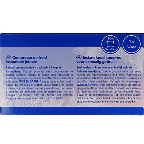 Blauwe Verpackungsrückseite eines Kältekissens mit Anwendungshinweisen auf Französisch und Niederländisch.