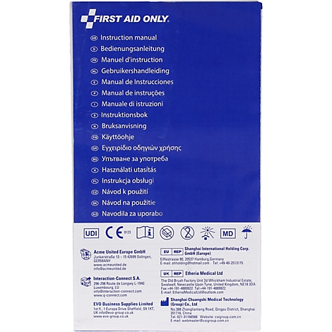 Blaue Rückseite einer Bedienungsanleitung für Erste-Hilfe-Produkte mit verschiedenen Unternehmensadressen und Symbolen.