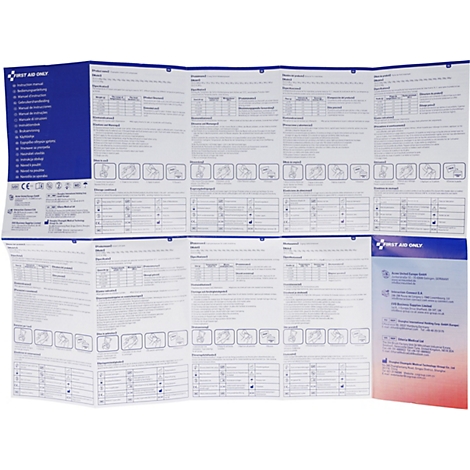 Mehrfach gefaltetes Erste-Hilfe-Handbuch mit Texten und illustrierten Anleitungen auf weißem Papier.