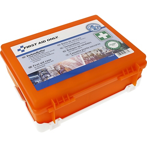 Een rechthoekige oranje verbanddoos met een wit etiket en een groen kruissymbool op een witte achtergrond.