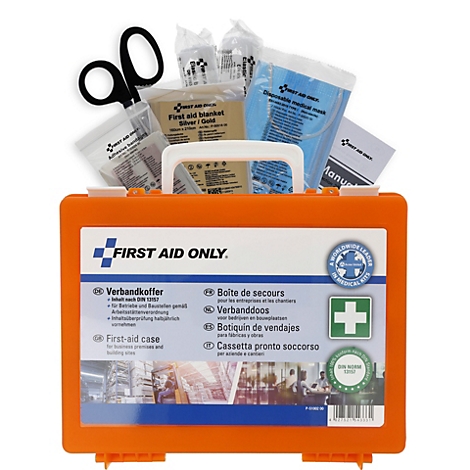 Oranger Verbandkoffer von First Aid Only mit medizinischem Inhalt wie Schere, Rettungsdecke und Masken.