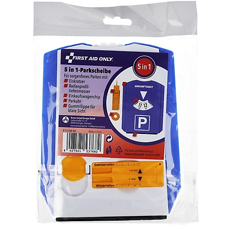 Blaue Parkscheibe in Folie, 5-in-1-Funktion mit Eiskratzer und Reifenprofilmesser. Aufdruck: FIRST AID ONLY.