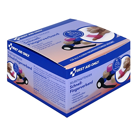 Blaue Verpackung von First Aid Only für selbsthaftende Schnell-Fingerverbände mit Anwendungsbeispiel.