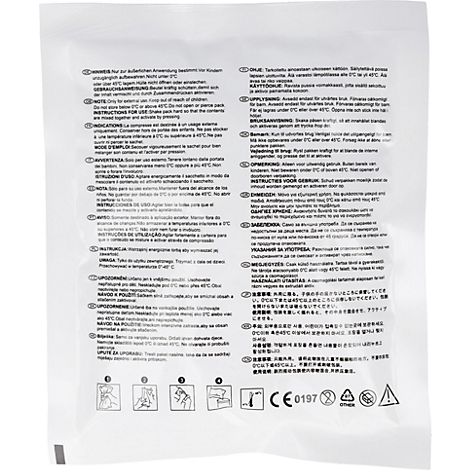 Achterkant van een witte verpakking met meertalige waarschuwingen, gebruiksinstructies en pictogrammen.