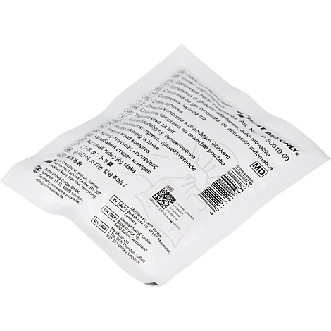 Witte verpakking van een instant koud compres met meertalige tekst, barcode en medische symbolen.