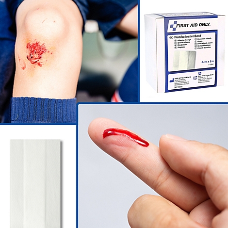 Kollage mit einer Schürfwunde am Knie, einem Wundschnellverband in der Schachtel, einem einzelnen Pflaster und einer blutenden Fingerkuppe.