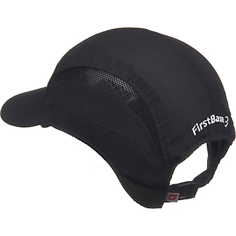 Black running cap, side view. Mesh insert, visor, 'FirstBase3' lettering. Adjustable strap.