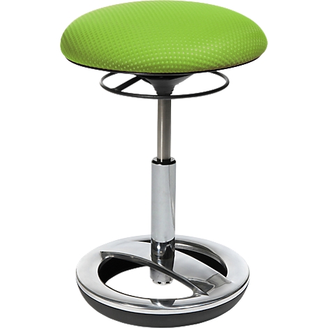 Height-adjustable stool with green, dotted seat and chrome frame.