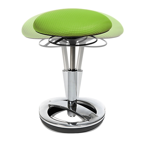 An adjustable stool with a green seat on a silver frame.