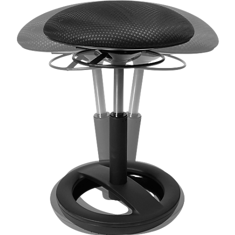 A black, round office chair without a backrest; fabric seat, on a pillar with a foot ring.