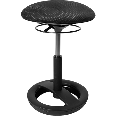 Black standing stool with round seat, metal frame and base.