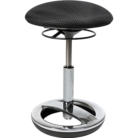 Stool with black padded seat, silver center post and base.