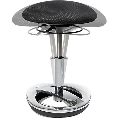 An adjustable stool with a black mesh seat and silver frame. The stool stands on a round, silver base.