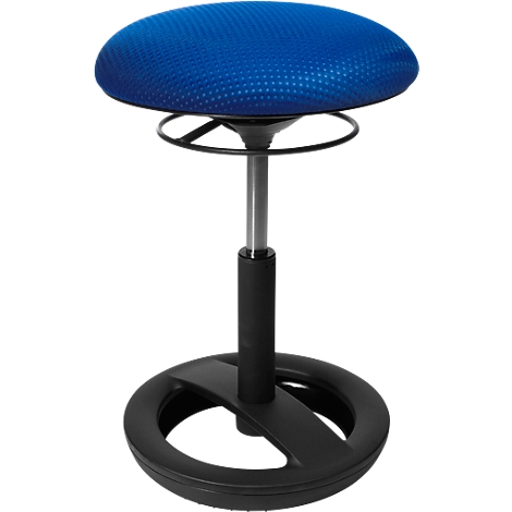 Blue standing stool with black base and pole. The seat is round and cushioned. The stool is height adjustable.