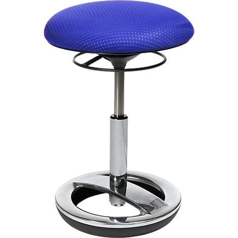 Blue standing stool, chrome frame, round seat.