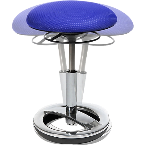 A standing stool with a blue seat and chrome frame. The seat appears to be moving.