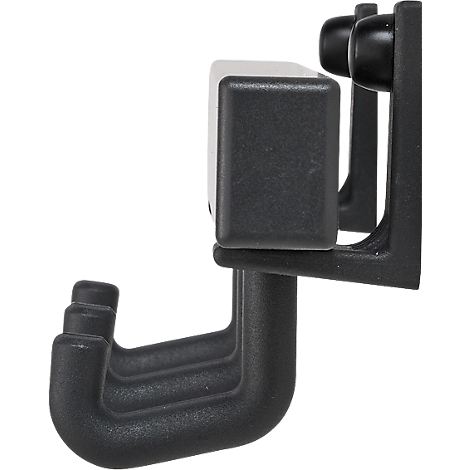 Vue détaillée d'un crochet noir pour montage mural. Il a un bloc carré et trois crochets courbés.