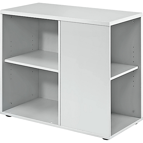 White side cabinet with sliding door. Two compartments, two shelves. A cabinet element with two compartments.